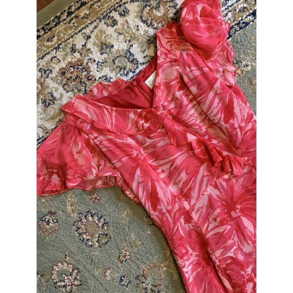 Carrie Hutton Vintage 100% Silk Pink Red Floral Cap Sleeve Midi Dress, size 8 - Picture 3 of 4